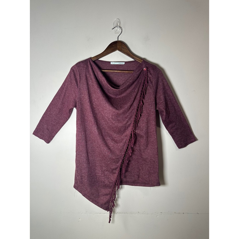 Maurices Womens Medium Plum Asymmetric Fringe Drape Neck 3/4 Sleeve Knit Top